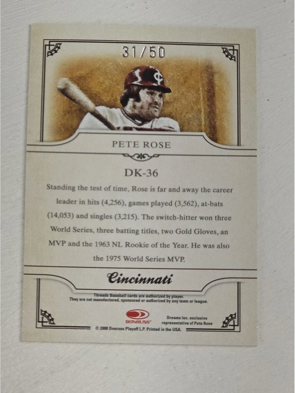 2008 Donruss Threads Pete Rose Diamond Kings Blue Framed #d/50 DK-36
